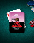 Personalized "Dawn of the Doggos" playing cards featuring a custom pet portrait in a horror movie style.