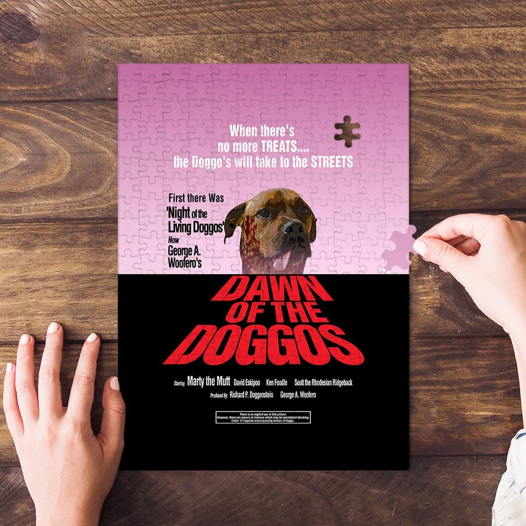 Personalized "Dawn of the Doggos" puzzle featuring a custom pet portrait in a movie poster style.