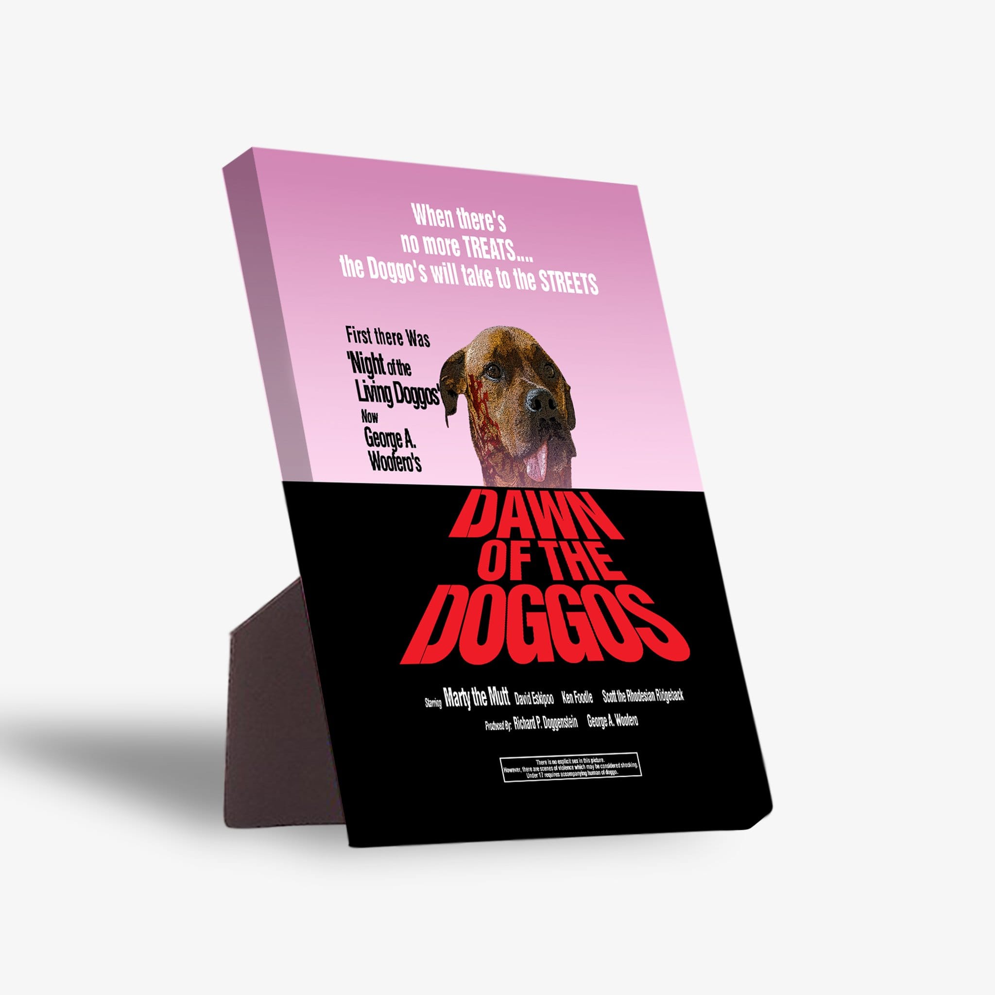 Personalized "Dawn of the Doggos" standing canvas featuring a pet portrait on a pink and black movie poster design.