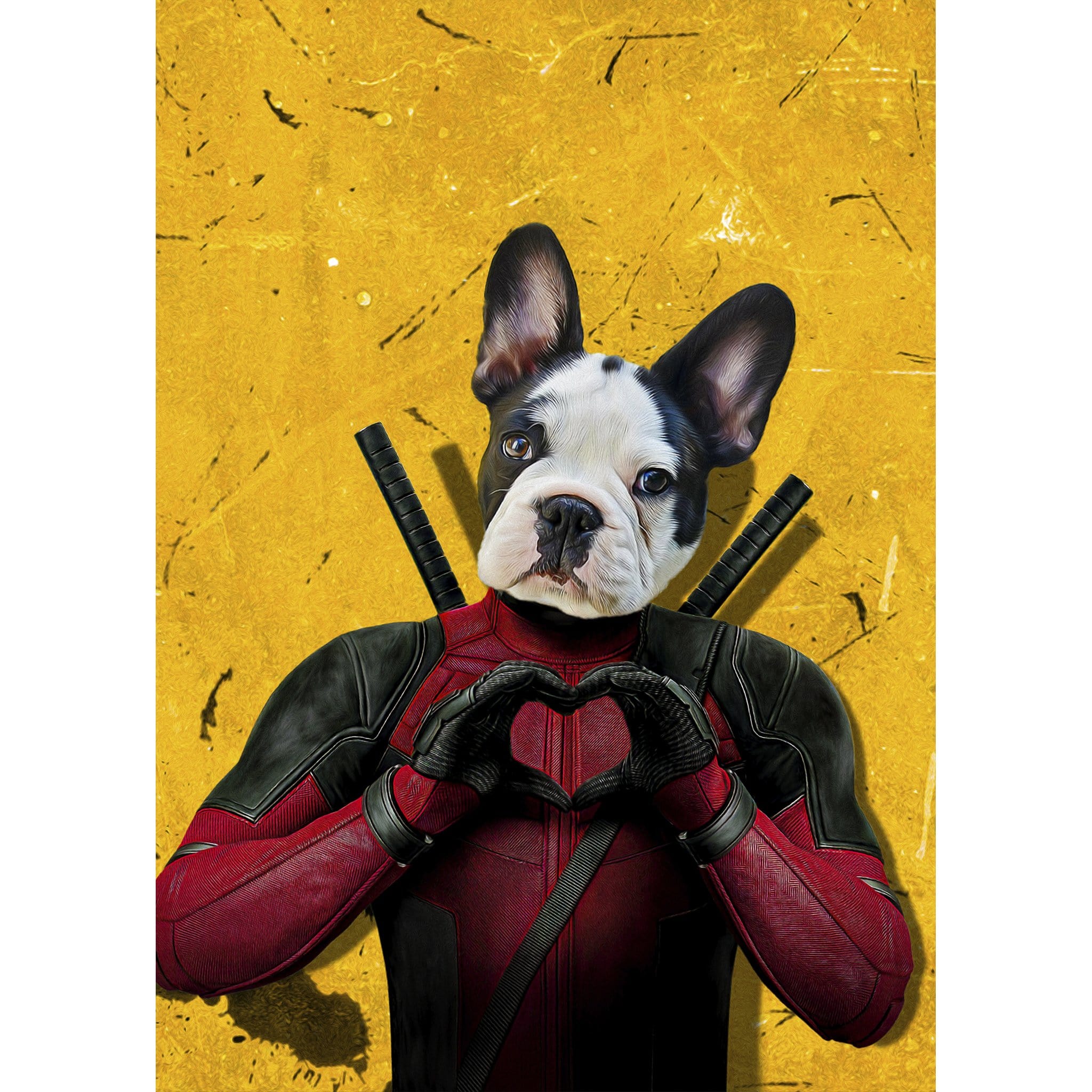 Personalized 'Deadpaw' digital portrait featuring a Boston Terrier dog in a red and black superhero suit.