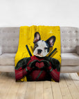Personalized pet blanket with a French Bulldog in a Deadpool costume making a heart shape, on a yellow background.