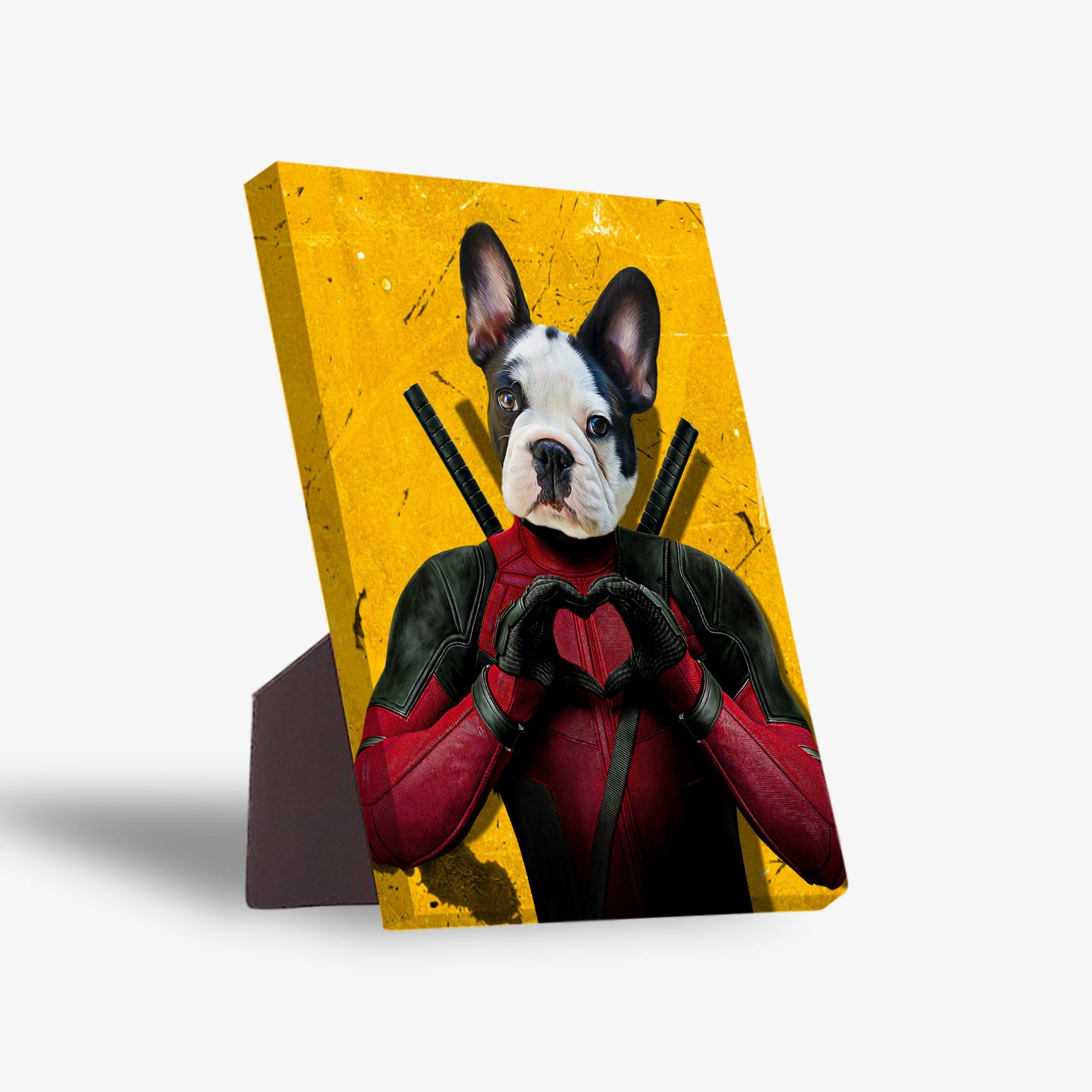 Personalized pet standing canvas featuring a French Bulldog in a red superhero suit making a heart shape.
