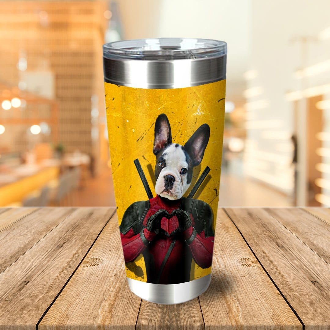 Personalized stainless steel tumbler with a custom French Bulldog portrait in a superhero costume.