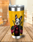 Personalized stainless steel tumbler with a custom French Bulldog portrait in a superhero costume.