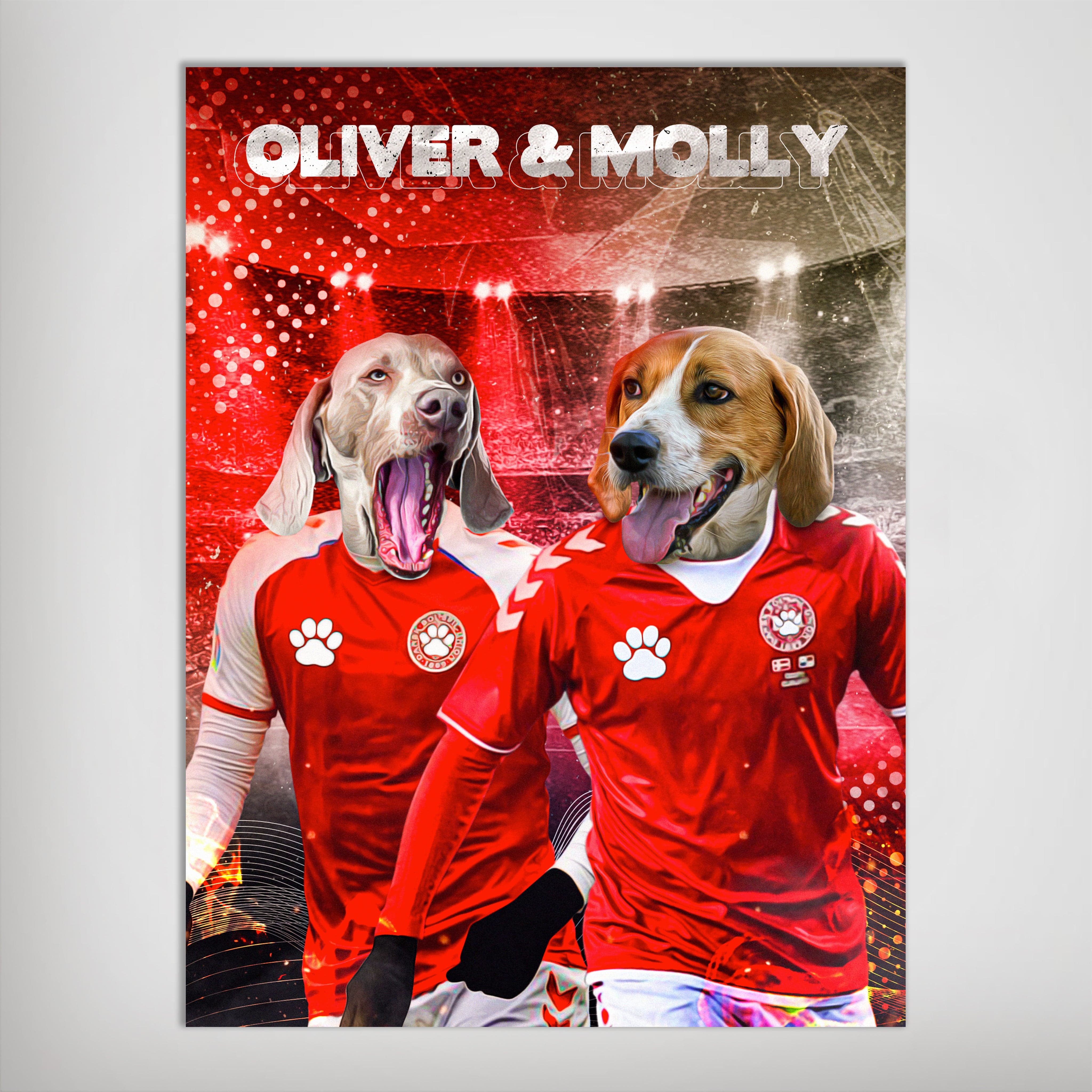 Personalized Denmark Doggos poster featuring two pets in red soccer jerseys with names "Oliver & Molly".