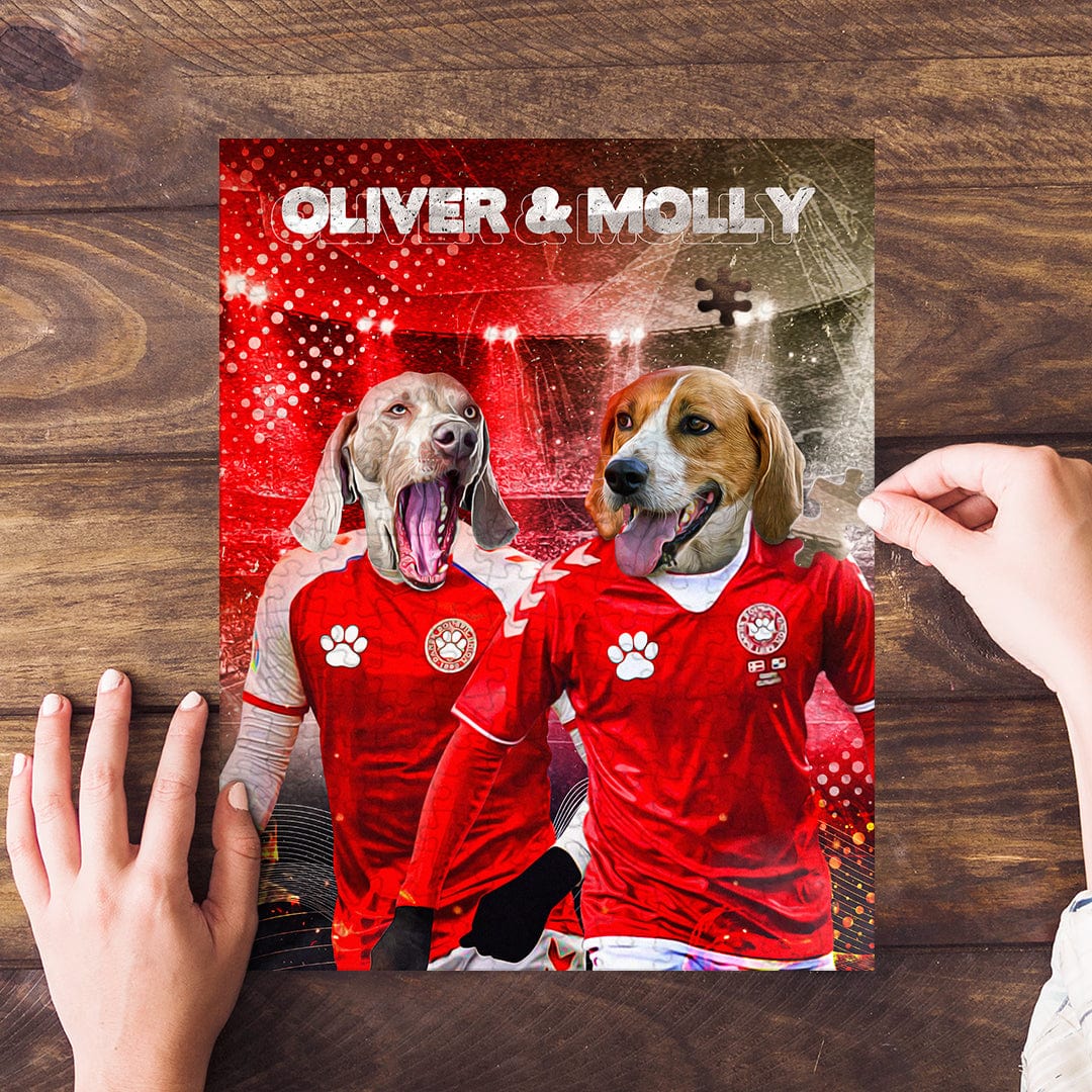 Personalized 2-pet puzzle featuring custom dog portraits in red soccer jerseys with names "Oliver & Molly".