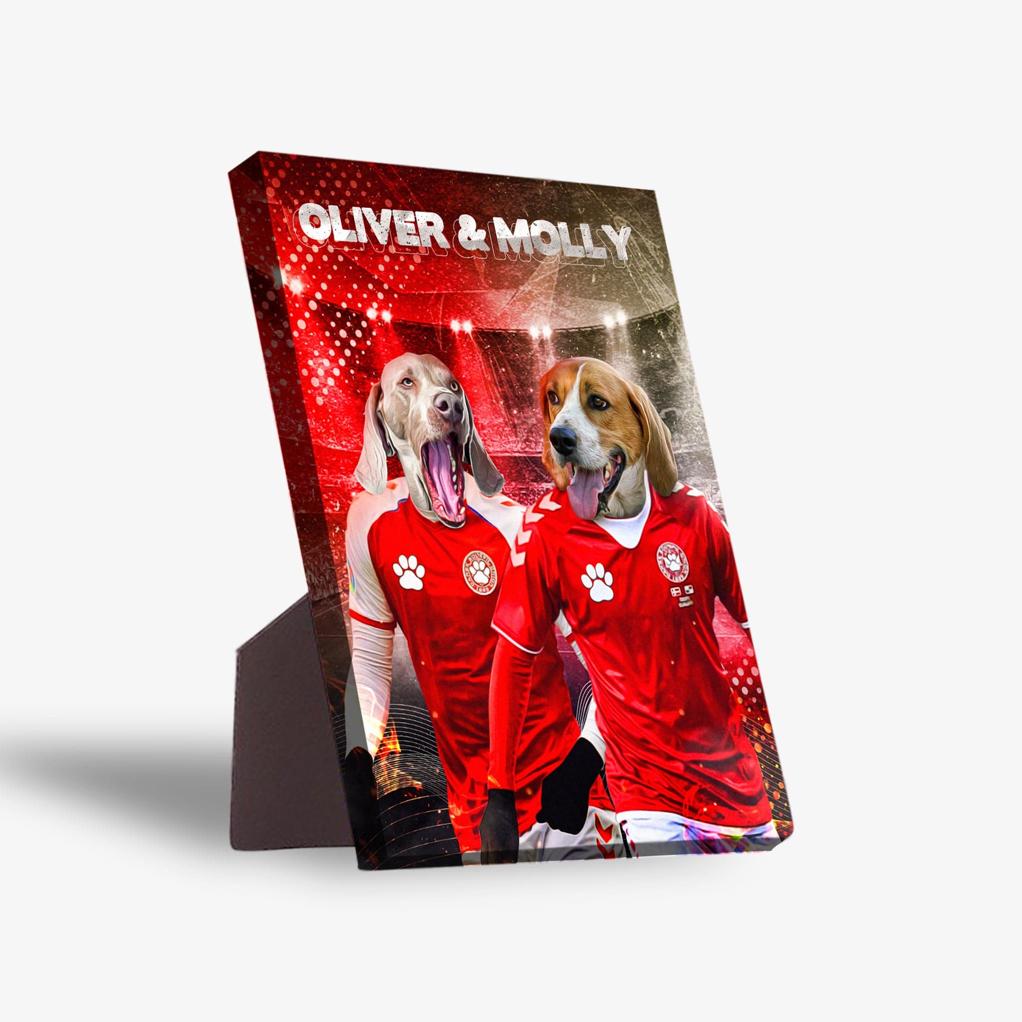 Personalized 'Denmark Doggos' standing canvas featuring two pets in red soccer jerseys with names "Oliver & Molly".