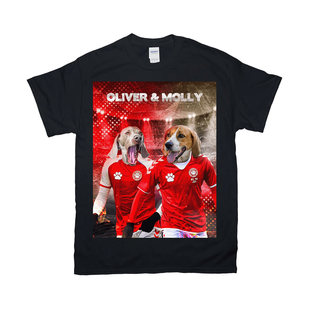 Black Gildan t-shirt featuring two dogs, a Weimaraner and a Beagle, in red soccer jerseys.