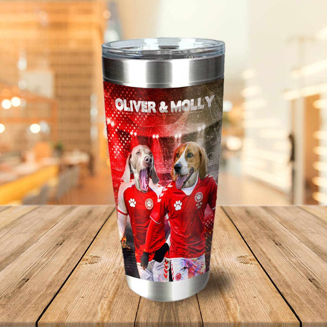Personalized stainless steel tumbler with two dogs in red soccer jerseys and custom names.