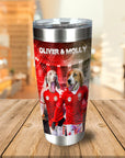 Personalized stainless steel tumbler with two dogs in red soccer jerseys and custom names.