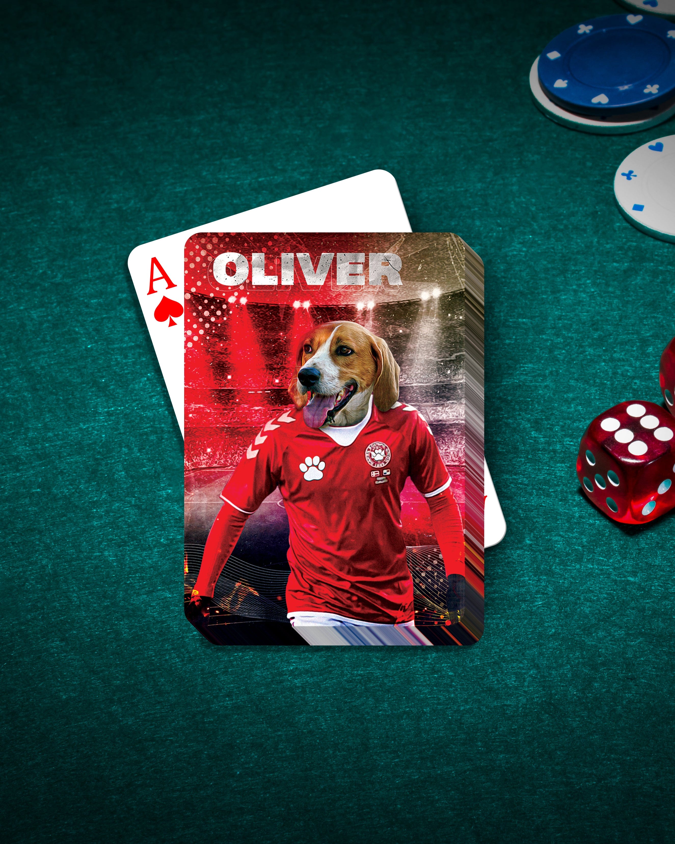 Personalized pet playing card featuring a beagle in a red soccer uniform, named Oliver, on a green felt table with poker chips and dice.