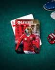 Personalized pet playing card featuring a beagle in a red soccer uniform, named Oliver, on a green felt table with poker chips and dice.