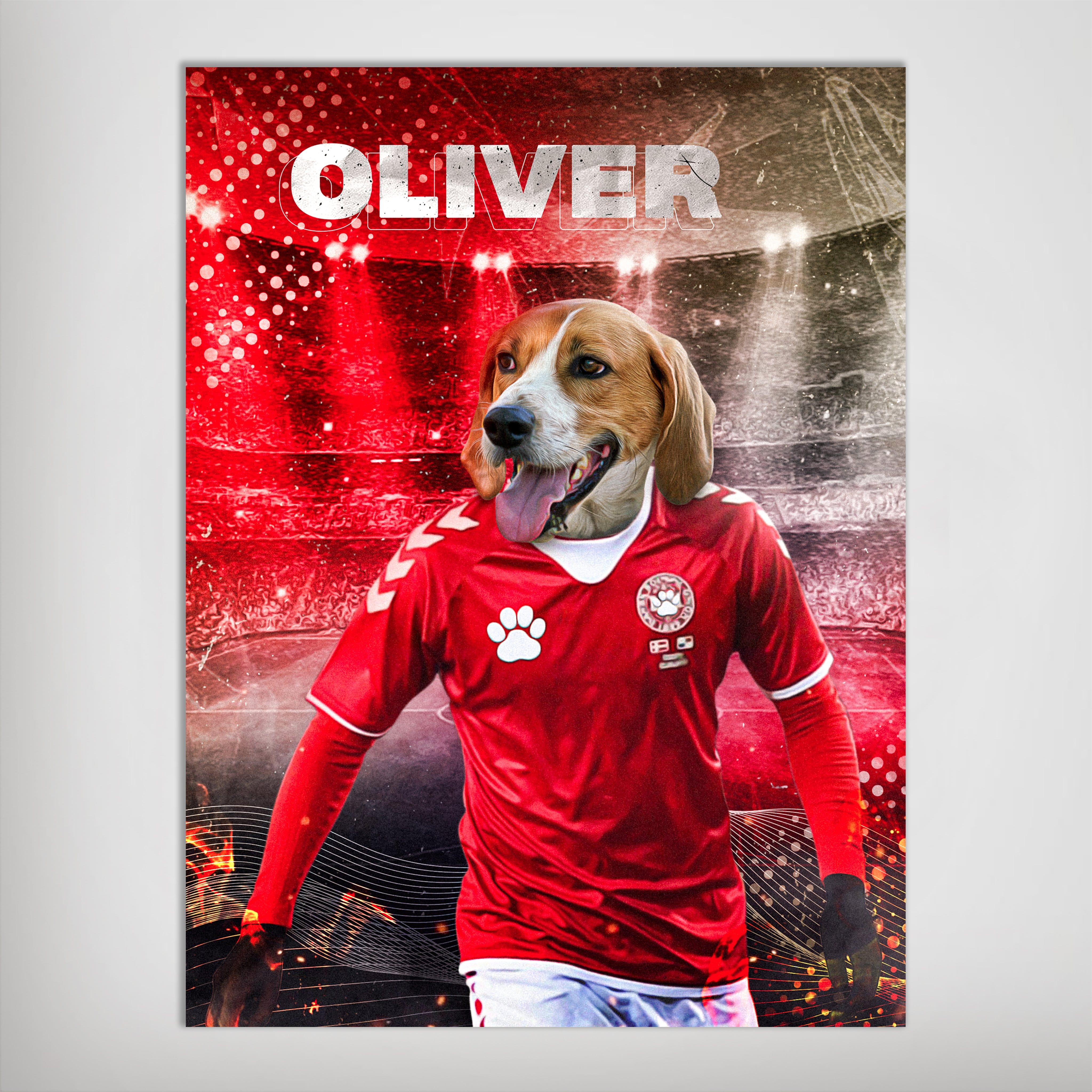 Personalized pet poster featuring a beagle in a red Denmark soccer jersey with "OLIVER" above.