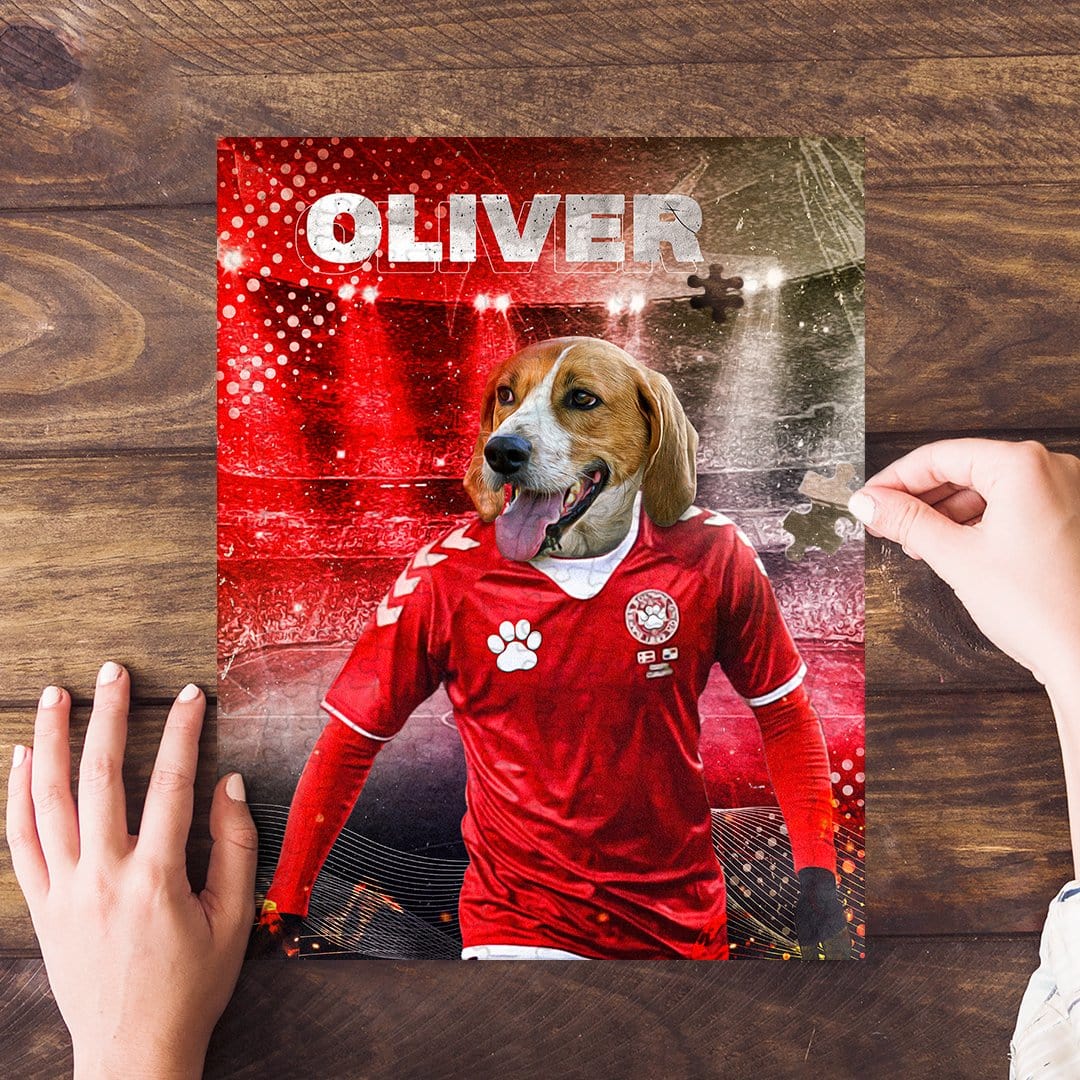 Personalized pet puzzle featuring a beagle in a red Denmark soccer jersey with the name "OLIVER".