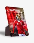 Personalized pet standing canvas featuring a beagle in a red soccer jersey with "OLIVER" above, on a stadium background.