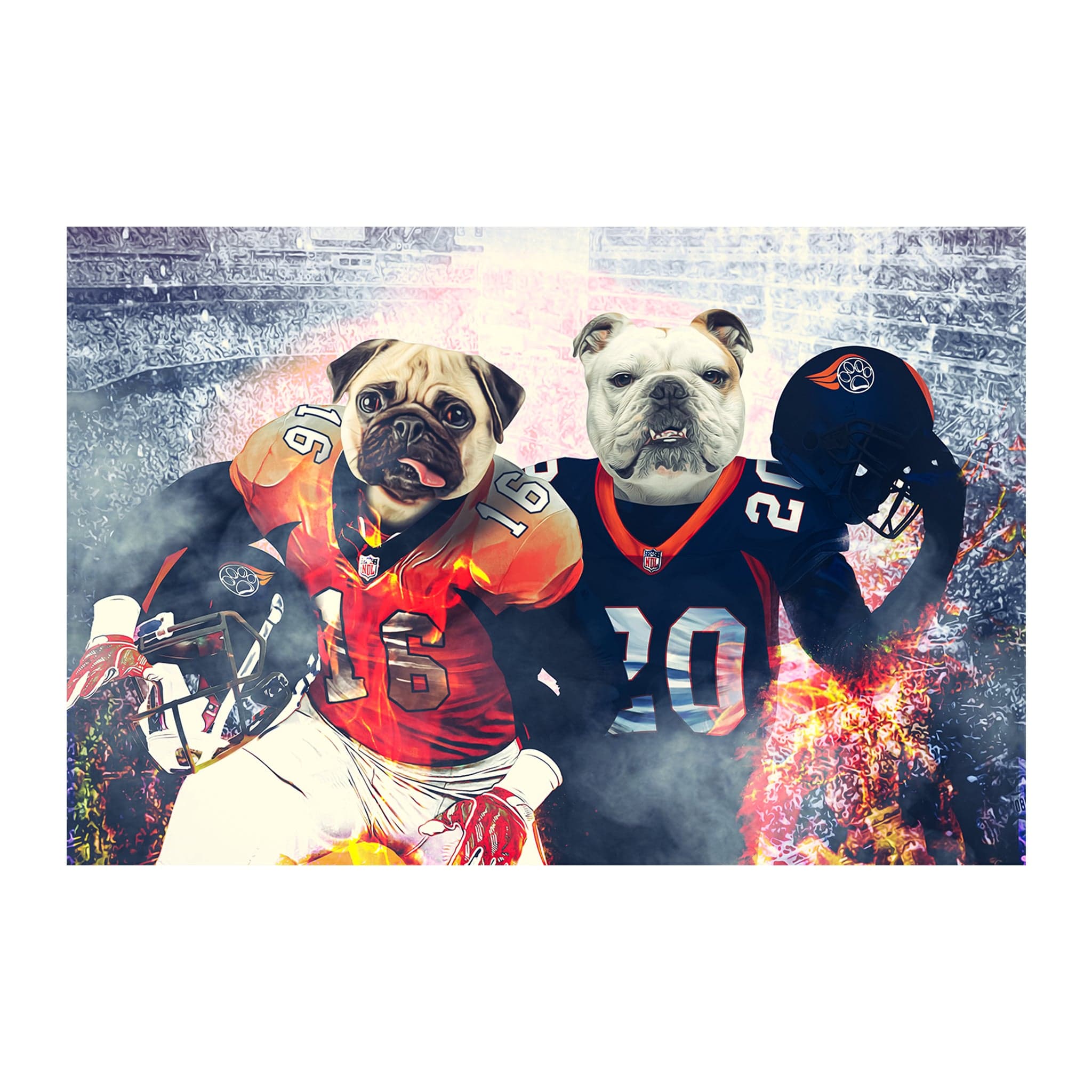Personalized digital portrait of two pets, a pug and bulldog, in football uniforms.