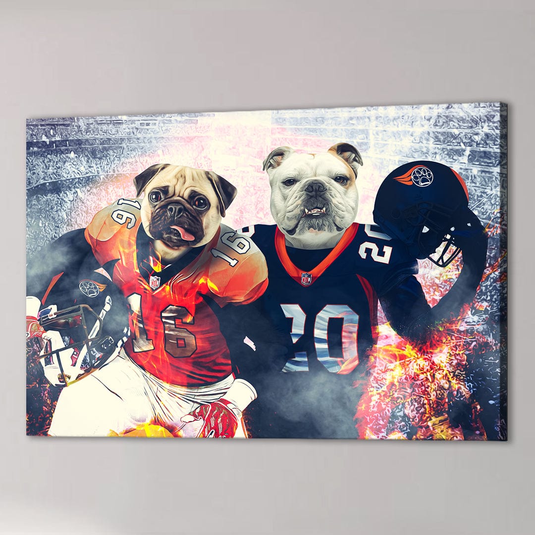 Personalized 'Denver Doggos' canvas featuring a pug and bulldog in football uniforms on a smoky field.