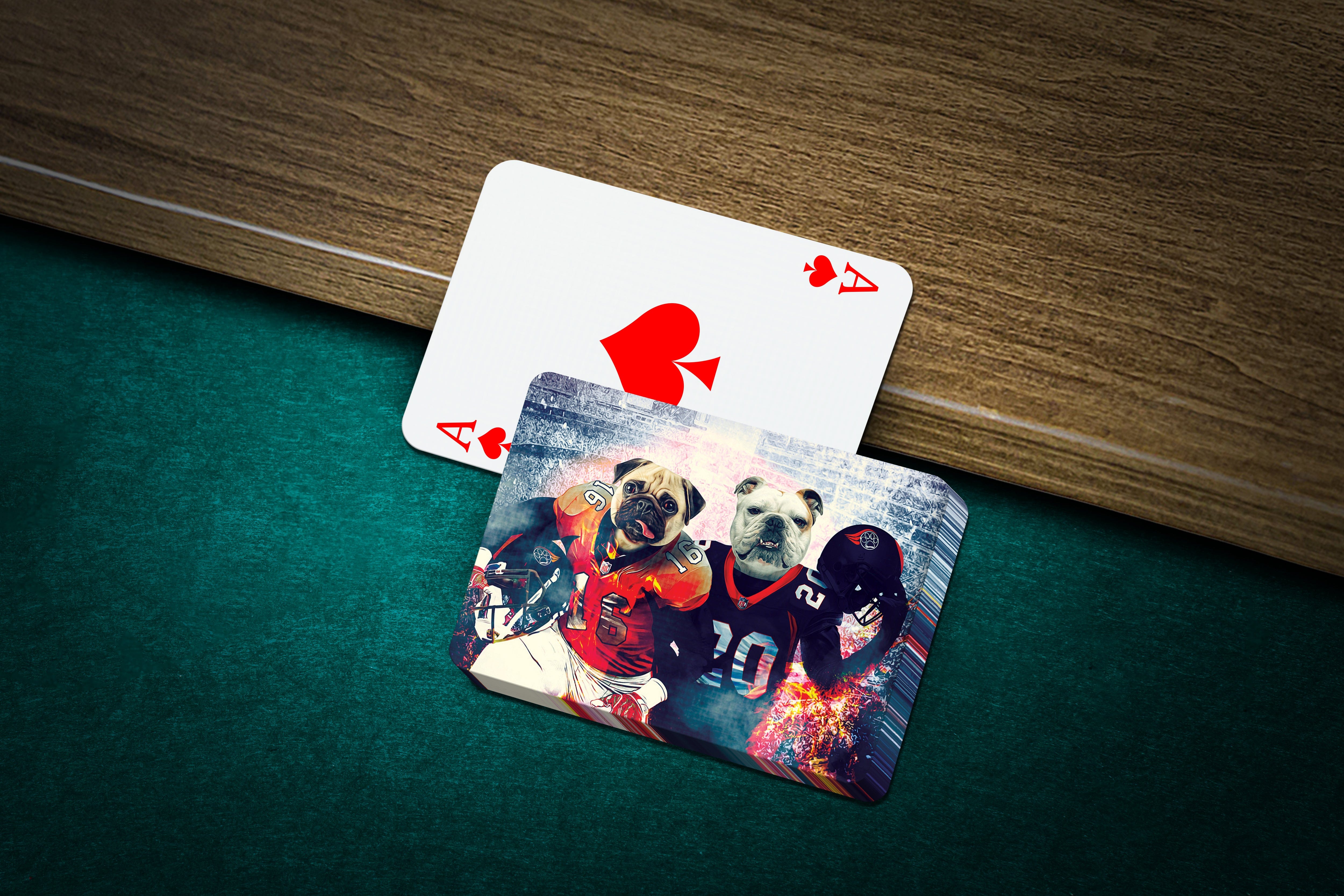 Personalized playing cards featuring two dogs in football jerseys, with an Ace of Spades card.