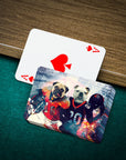 Personalized playing cards featuring two dogs in football jerseys, with an Ace of Spades card.