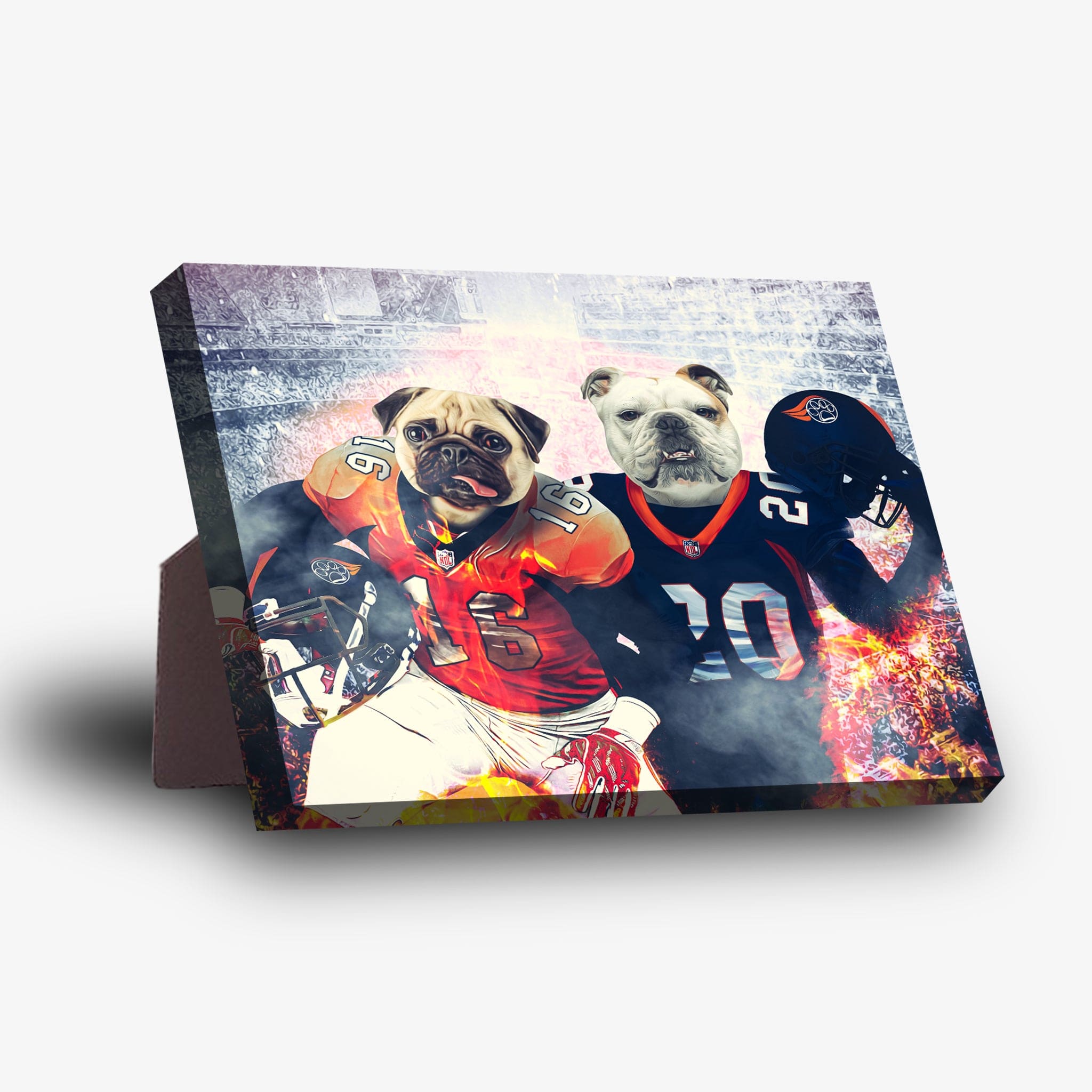 Personalized 2-pet standing canvas featuring a pug and bulldog in football uniforms.