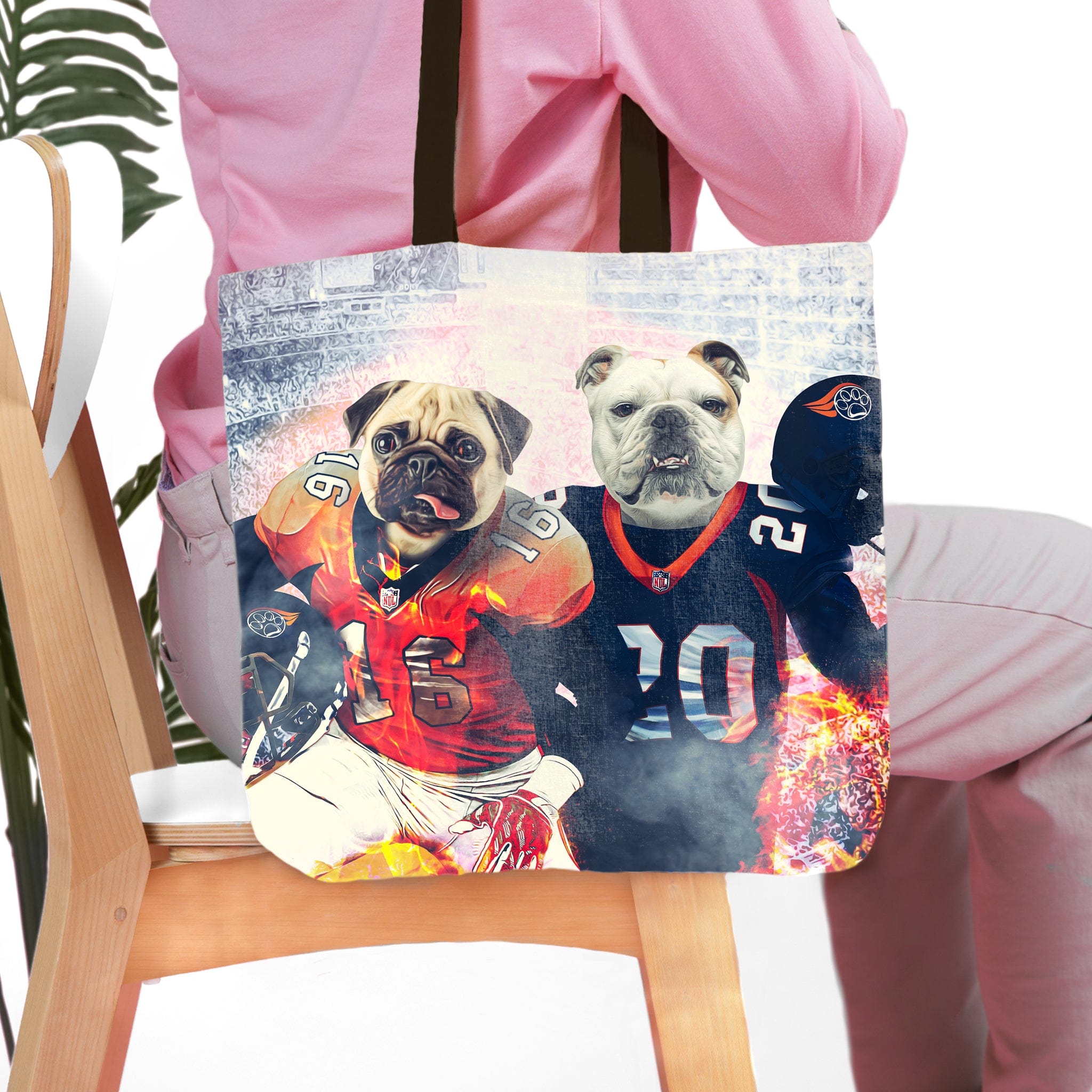 Personalized 2 pet tote bag with custom pug and bulldog portraits in football uniforms.