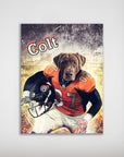Personalized "Denver Doggos" poster featuring a chocolate lab in an orange football uniform with "Colt" above.
