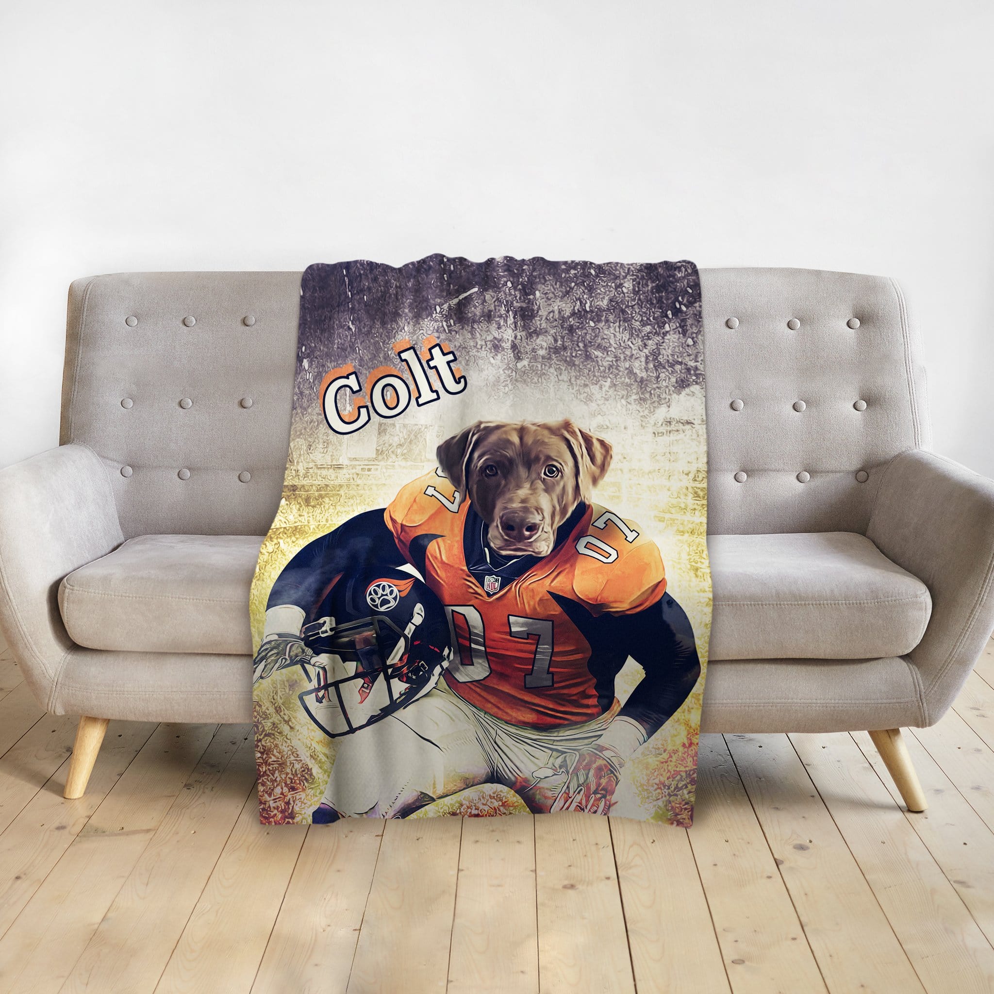 Personalized pet blanket featuring a Doggovinci portrait of a dog in a football uniform.