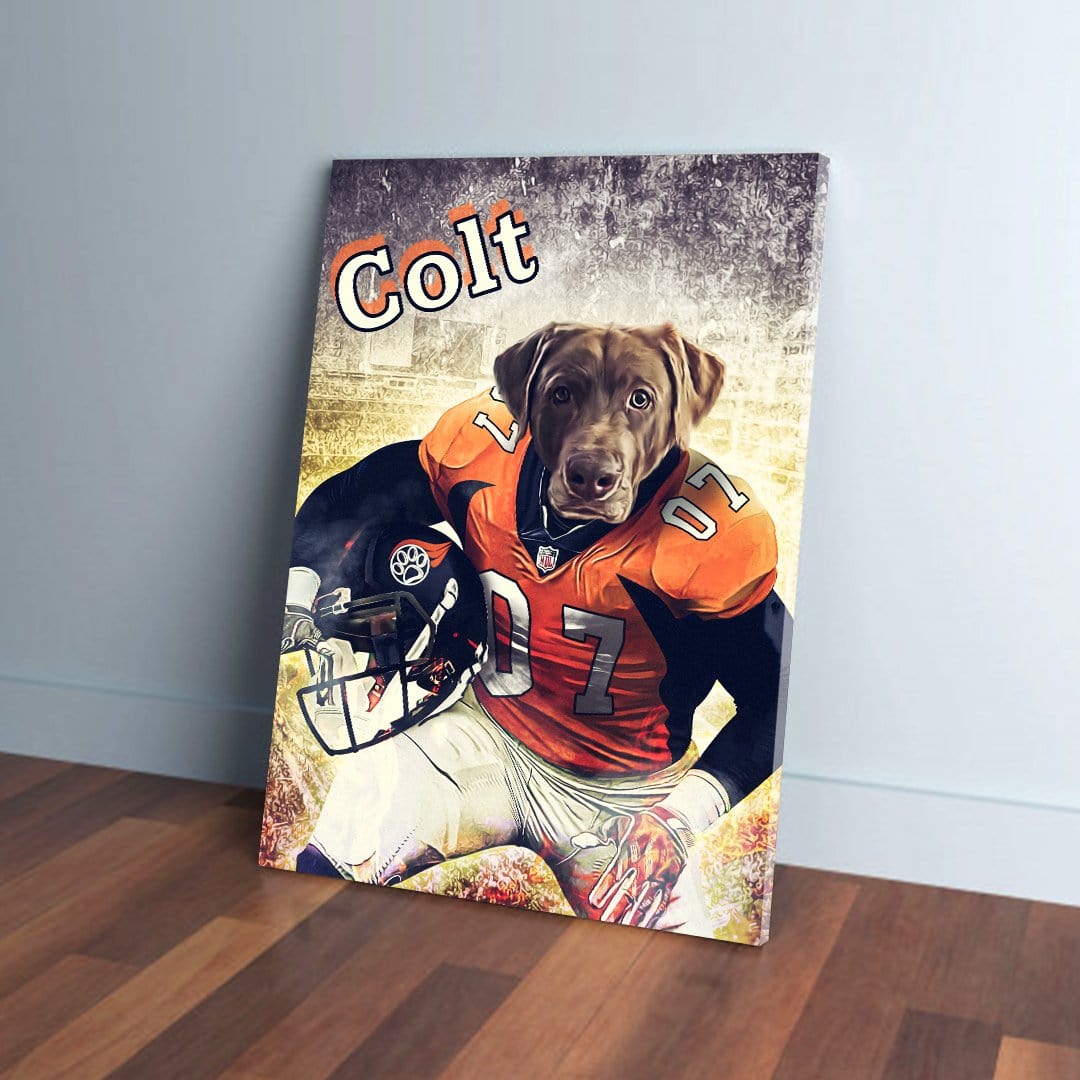Personalized pet canvas featuring a chocolate lab in a Denver Broncos football uniform with "Colt" above.