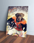 Personalized pet canvas featuring a chocolate lab in a Denver Broncos football uniform with "Colt" above.