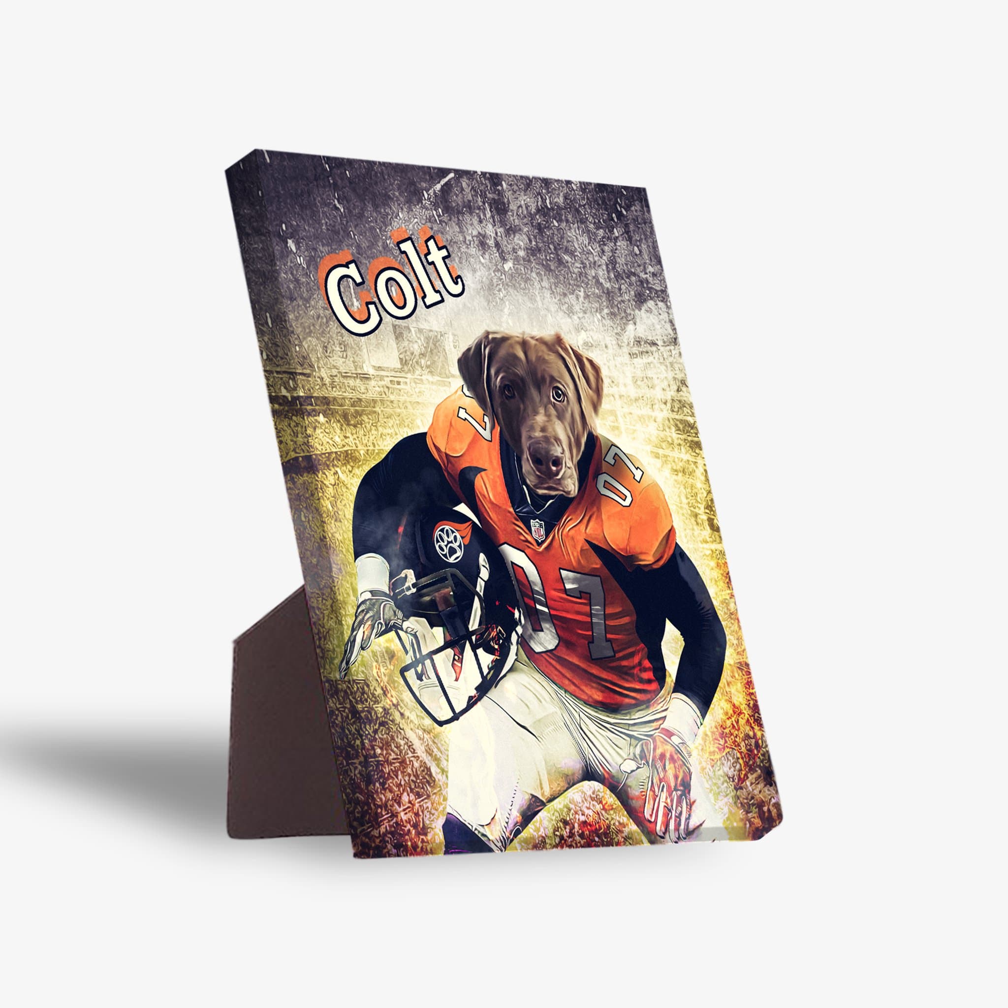 Personalized pet standing canvas featuring a chocolate lab in a Broncos football uniform, named "Colt.