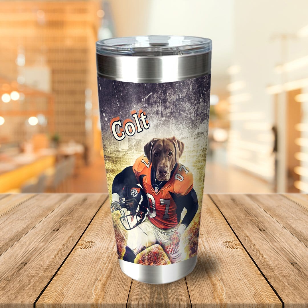 Personalized stainless steel tumbler with a custom portrait of a chocolate lab dog in a football uniform.