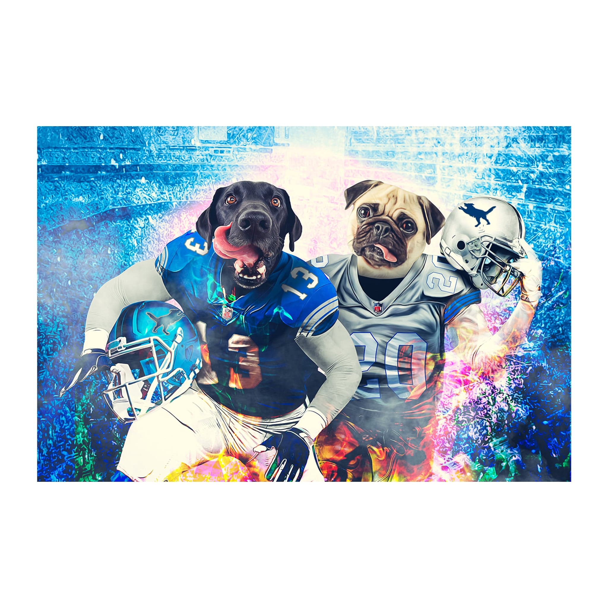 Custom digital portrait of two pets, a black dog and a pug, as football players in blue and gray jerseys.