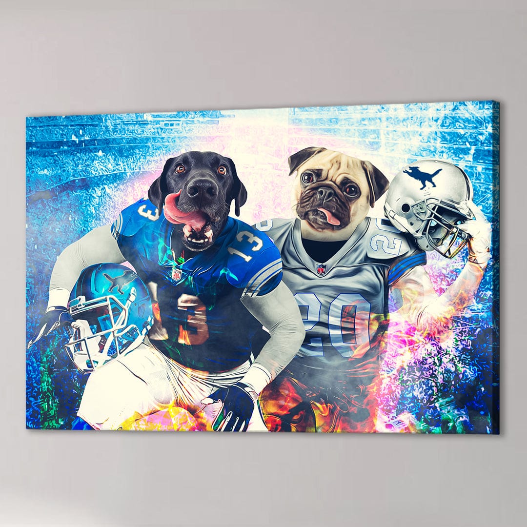 Custom canvas featuring a black lab and a pug in Detroit Lions football uniforms on a vibrant, abstract background.