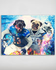 Personalized 'Detroit Doggos' poster featuring two pets as football players in blue and gray jerseys.