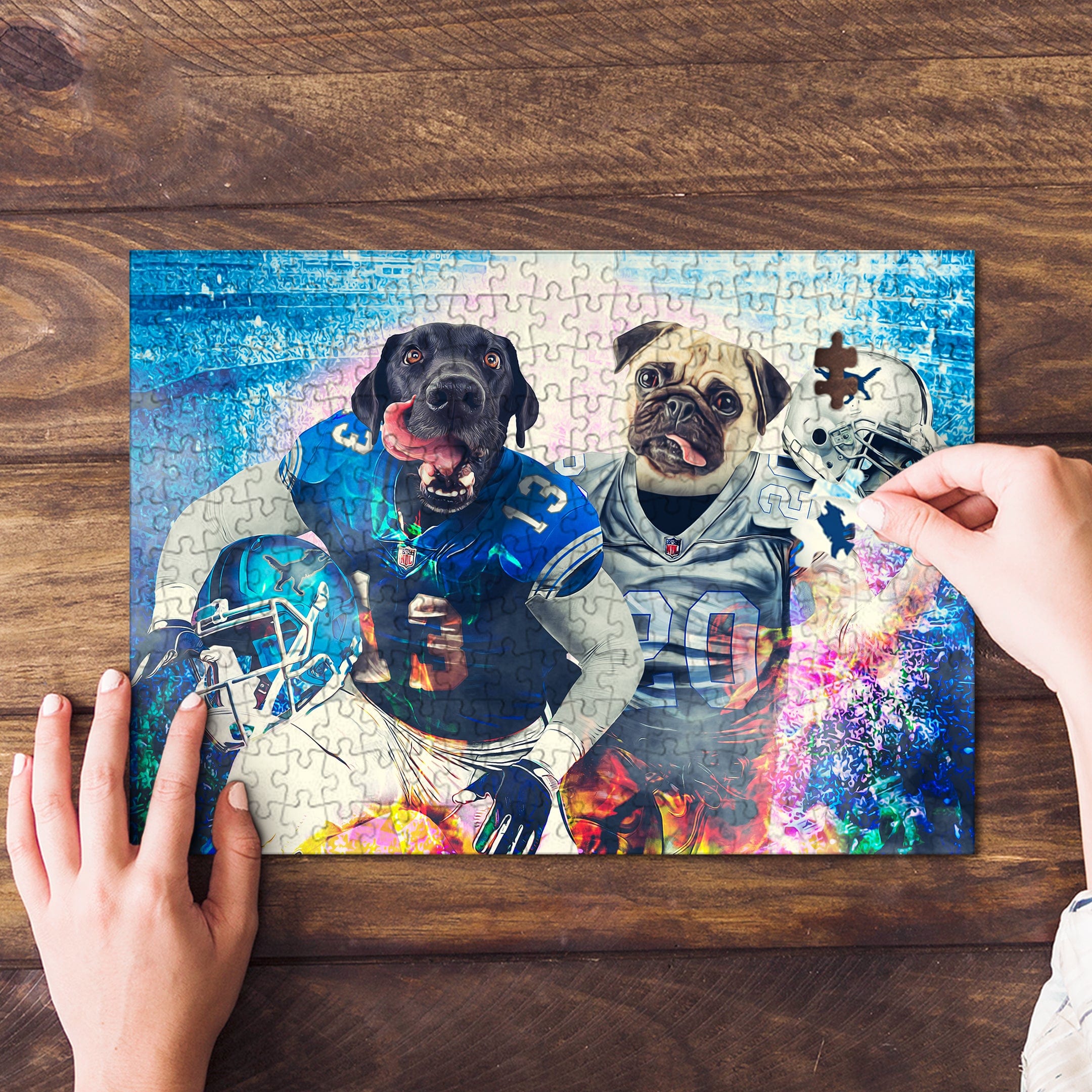 Personalized 2 pet puzzle featuring a black lab and pug in football uniforms, being assembled on wood.