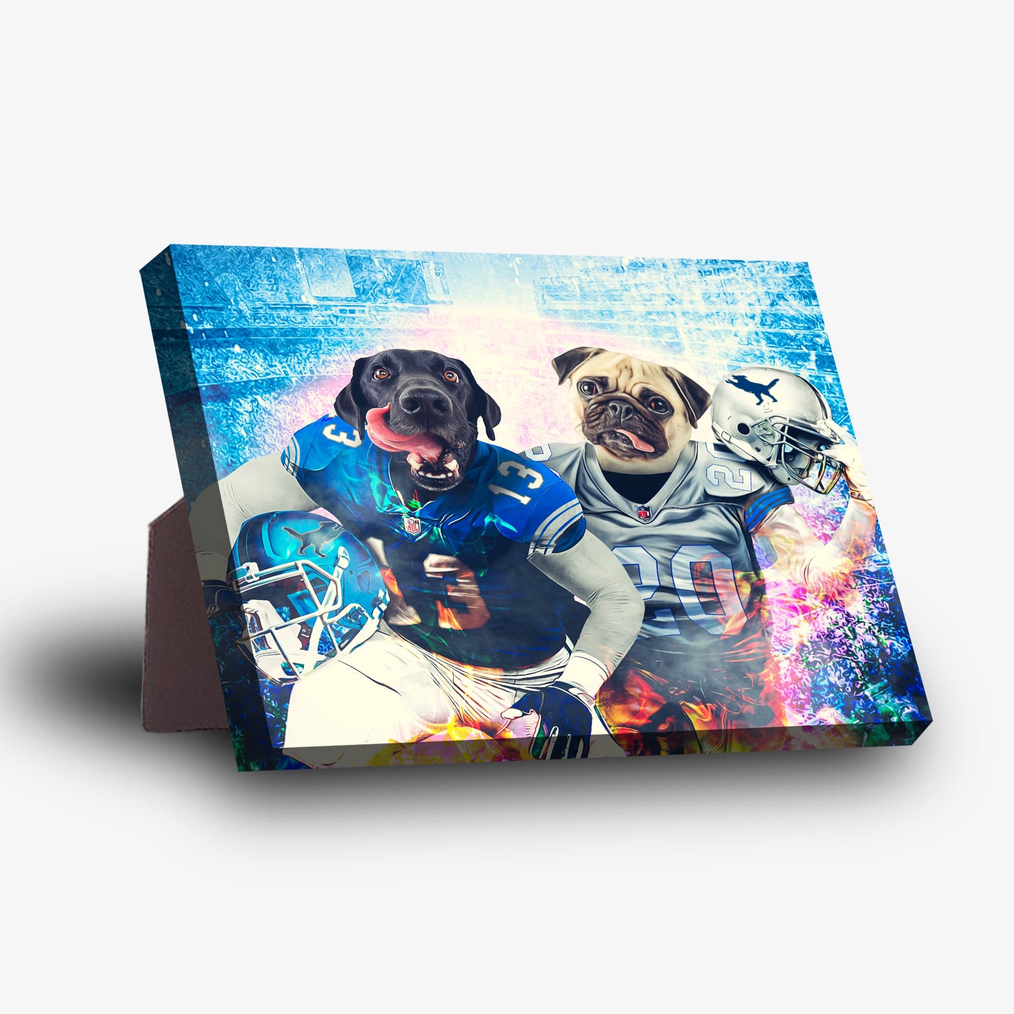 Personalized standing canvas featuring two pets as football players in blue and gray jerseys.