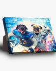 Personalized standing canvas featuring two pets as football players in blue and gray jerseys.