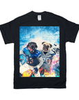 Black Gildan t-shirt with a personalized graphic of a black lab and a pug in Detroit Lions football uniforms.