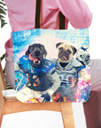 Personalized tote bag with two pet dog portraits in Detroit Lions football uniforms.