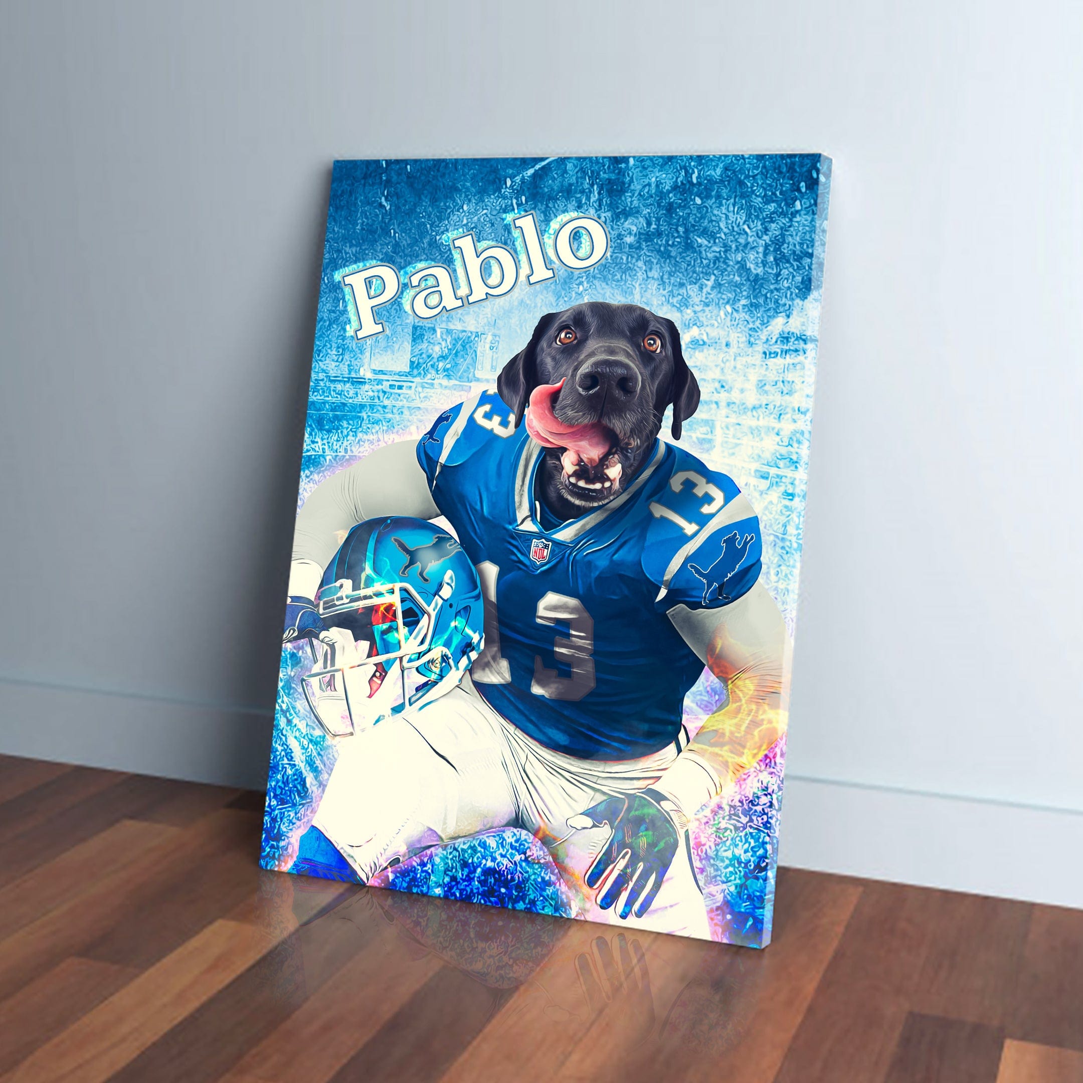Personalized 'Detroit Doggos' pet canvas featuring a black dog in a blue football uniform, holding a helmet.
