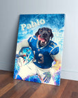 Personalized 'Detroit Doggos' pet canvas featuring a black dog in a blue football uniform, holding a helmet.