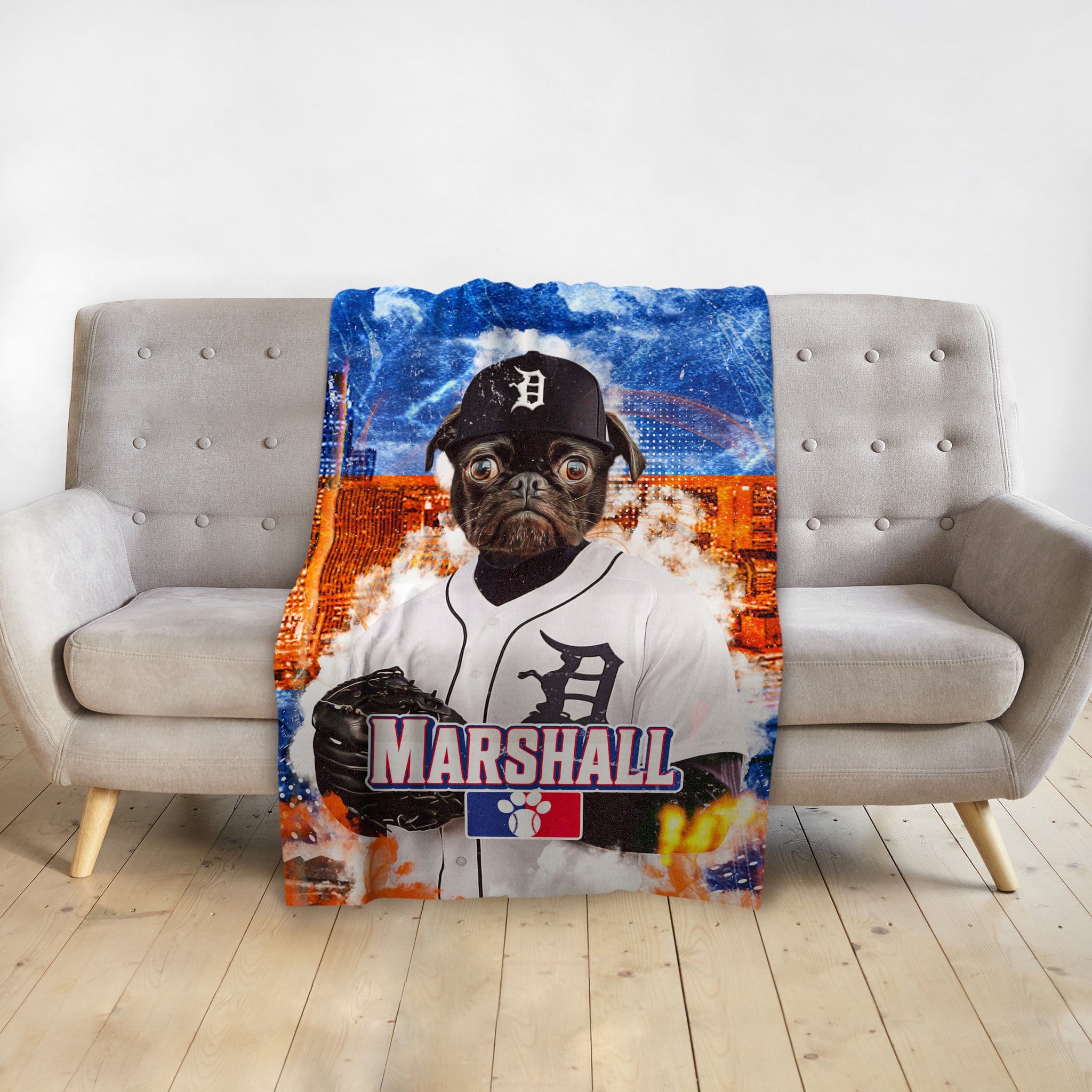 Personalized pet blanket featuring a pug in a Detroit Tigers baseball uniform with "Marshall" on it.