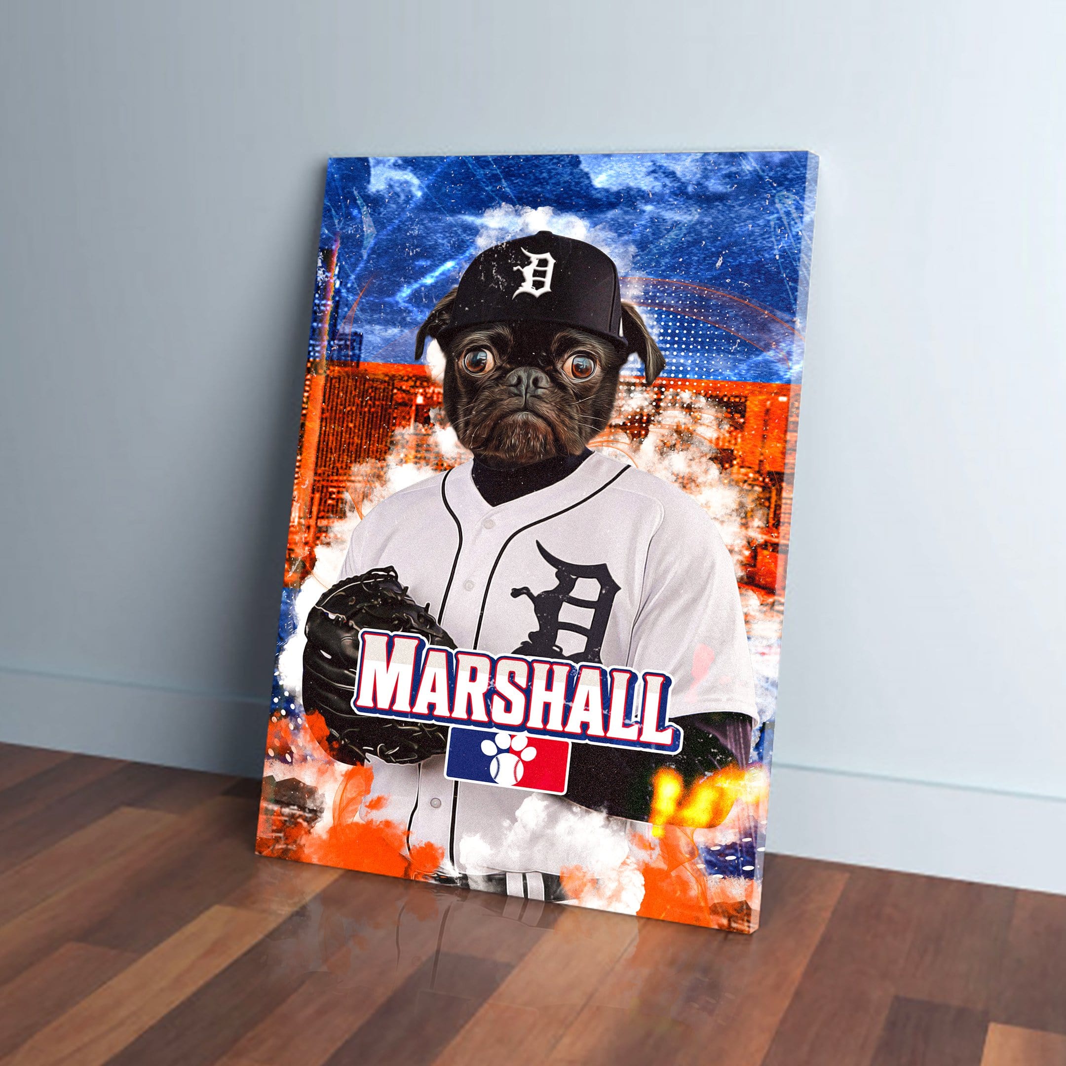 Personalized Detroit Tiger Doggos pet canvas featuring a pug in a baseball uniform and cap.