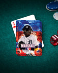 Personalized playing card featuring a pug in a Detroit Tigers baseball uniform, on a green felt table with poker chips and dice.