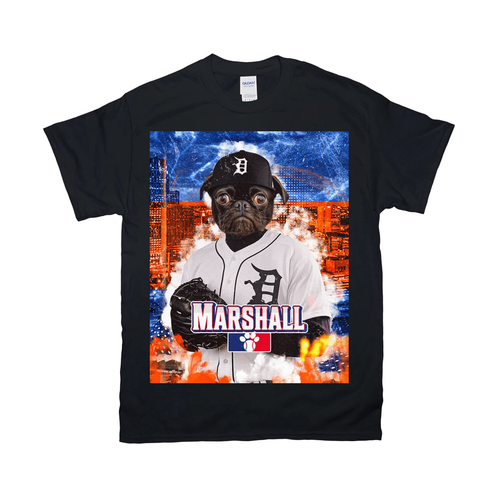 Black Gildan t-shirt with a personalized Detroit Tigers pug baseball player design.