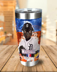 Personalized stainless steel tumbler with a custom dog portrait in a Detroit Tigers baseball uniform.