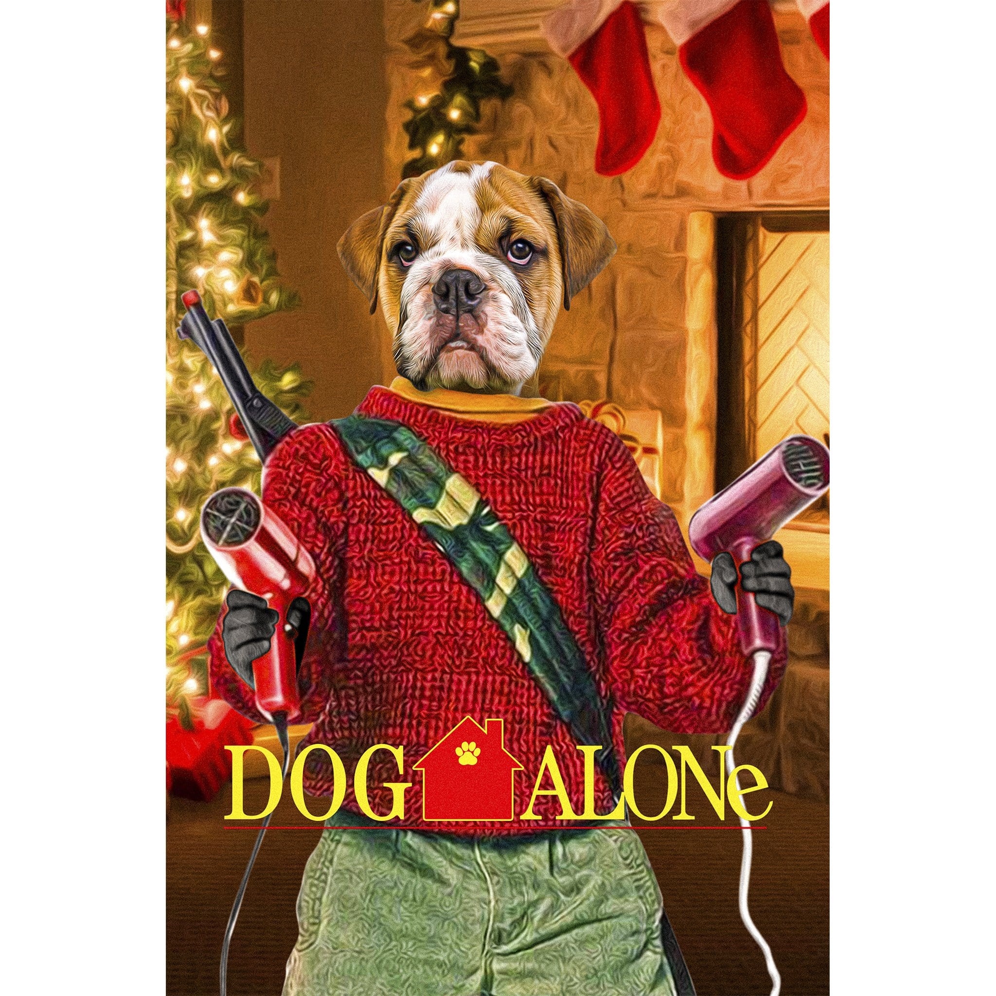 Custom digital portrait of a bulldog as "Dog Alone" in a red sweater, holding hair dryers.