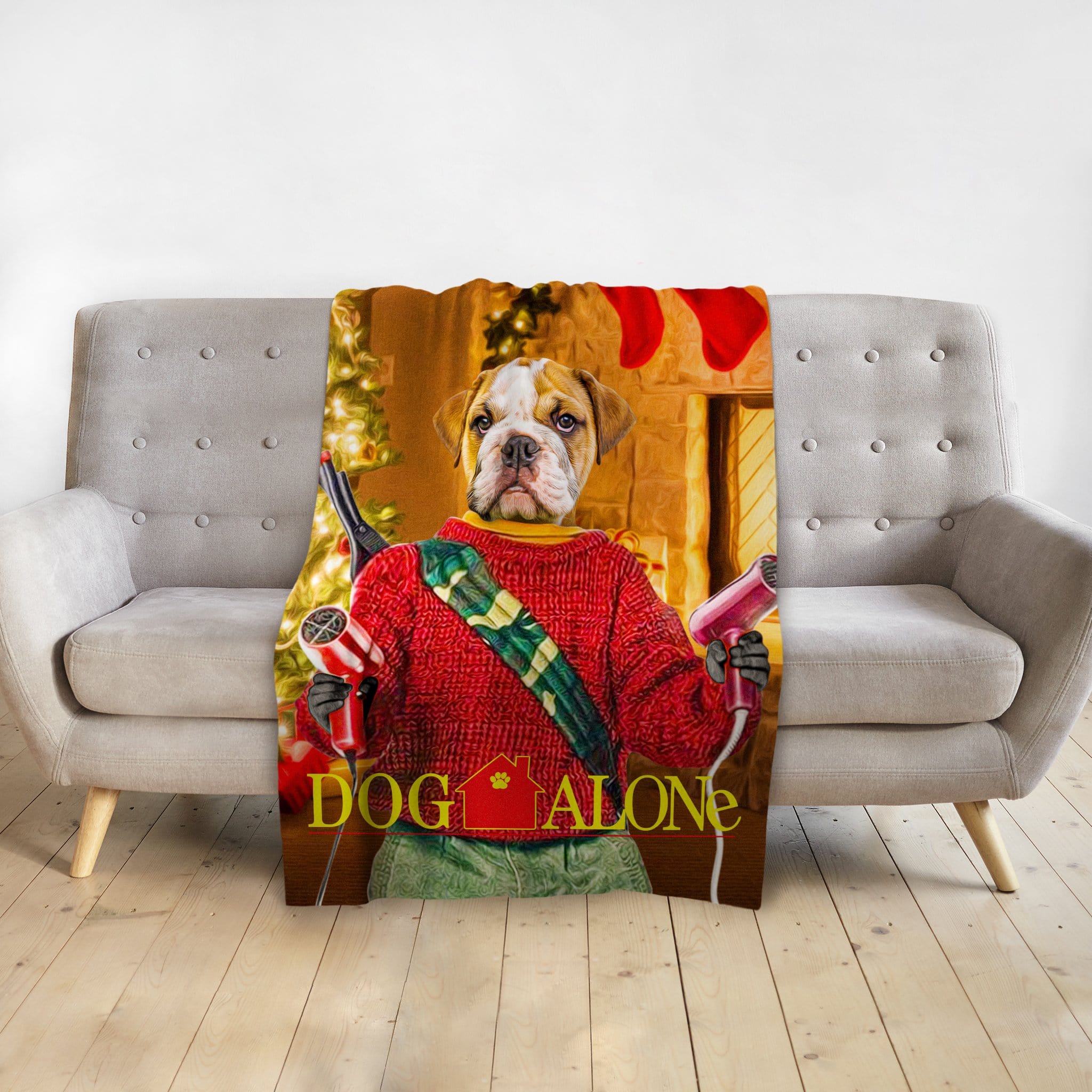Personalized minky blanket featuring a bulldog in a "Dog Alone" Christmas portrait design on a gray sofa.