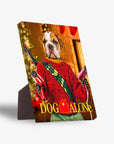 Personalized 'Dog Alone' standing canvas featuring a bulldog in a red sweater holding hair dryers.