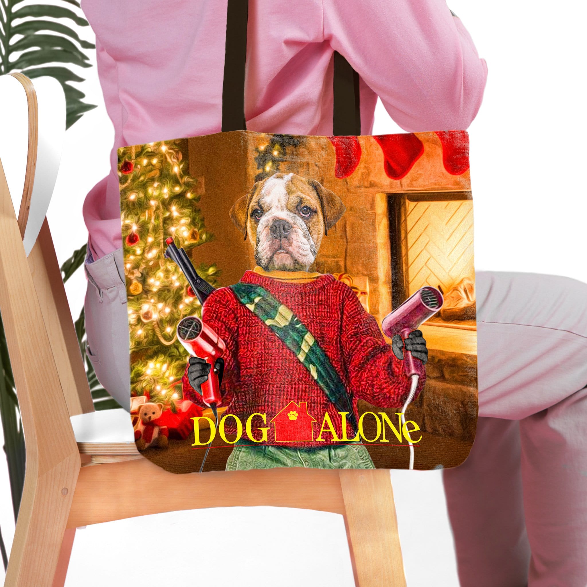 Personalized 'Dog Alone' tote bag with a bulldog pet portrait in a red sweater, holding hair dryers.